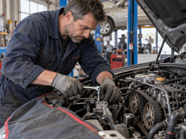 Mécanicien changeant le kit de distribution en garage, entretien moteur voiture