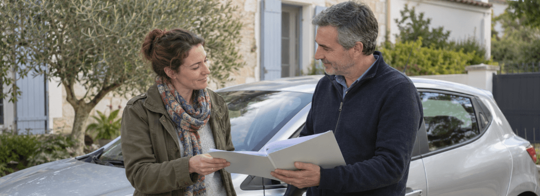  Acheteur et vendeur échangeant lors d’une visite de voiture d’occasion