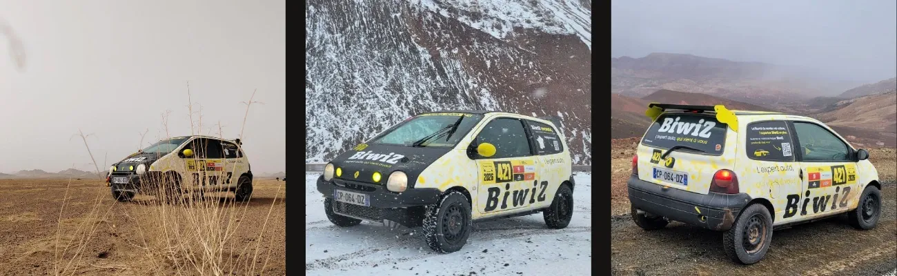 Équipe 421 Biwiz Twing Raid 2026 - engagement solidaire Restos du Cœur et écoles du Maroc